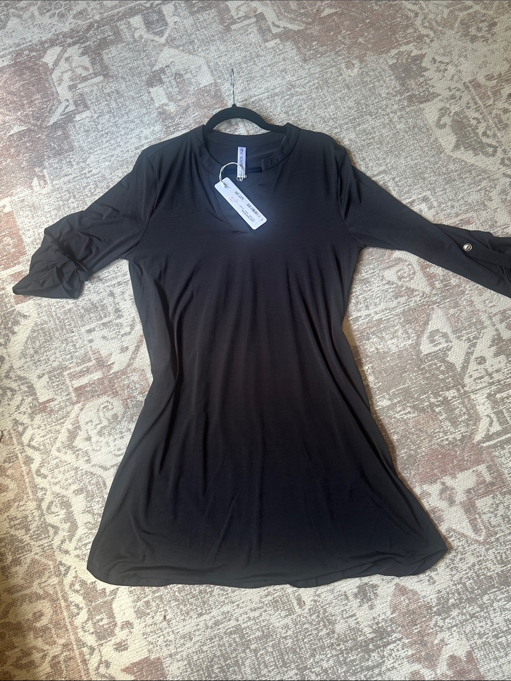 Long-Sleeve Black Tunic Dress with Roll-Tab Sleeves